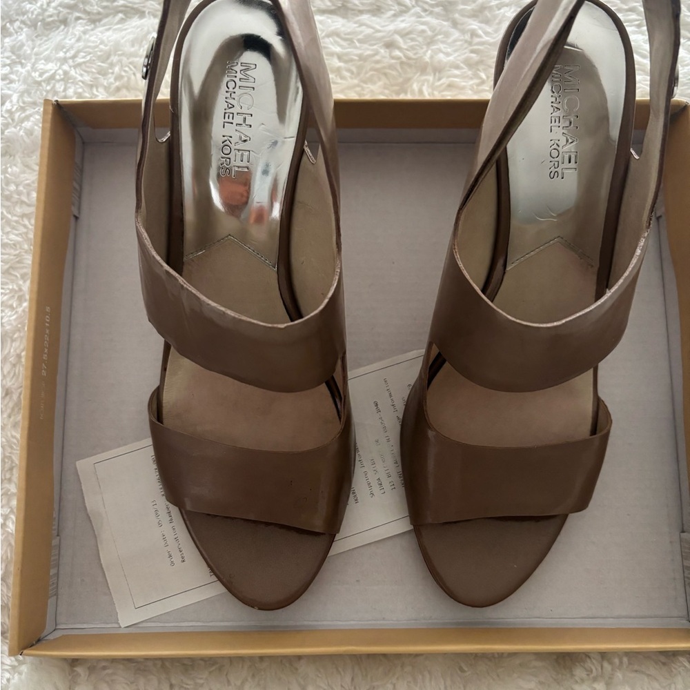 Michael Kors Taupe Brown Leather Open-Toe Slingback Heels